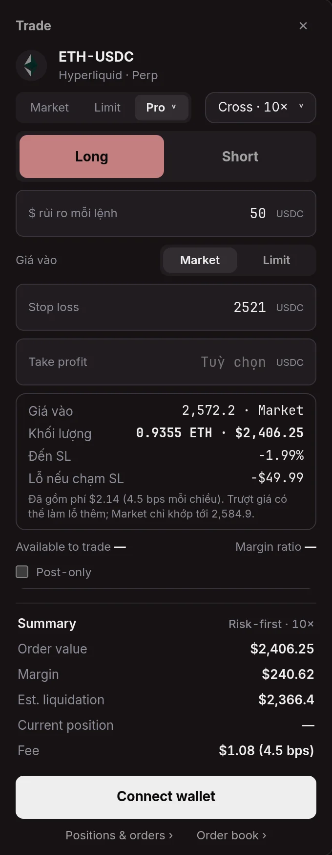 Risk-first order panel: 50 USDC risk, stop loss 2521, size 0.9355 ETH, loss at the stop 49.99 USDC including fees.